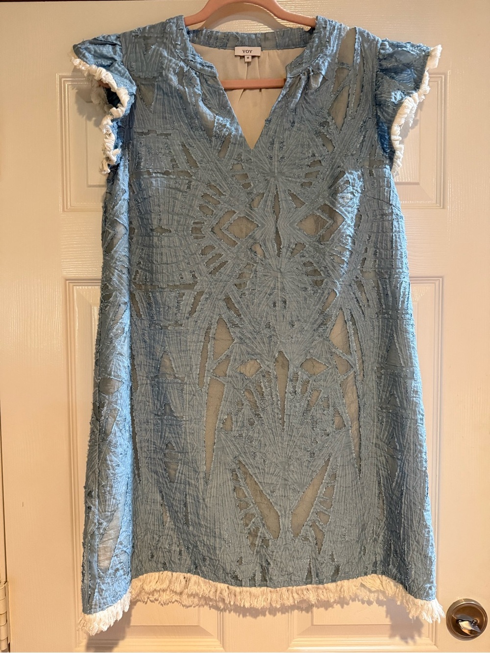 Voy Light Blue Textured Fringe Mini Dress